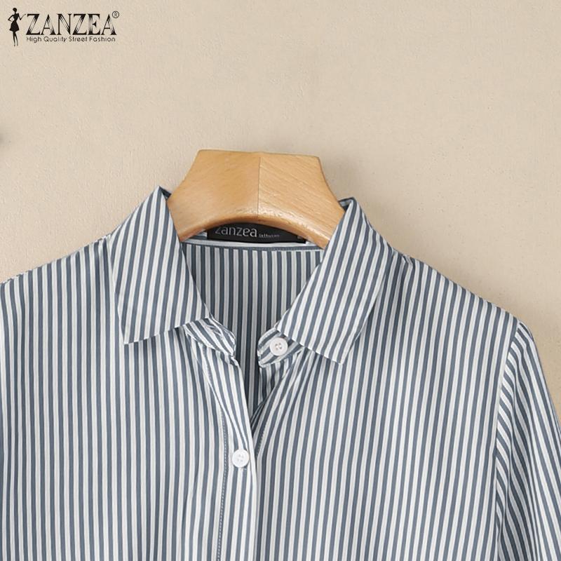 ZANZEA Женская повседневная блузка в полоску с отложным воротником и свободными длинными рукавами