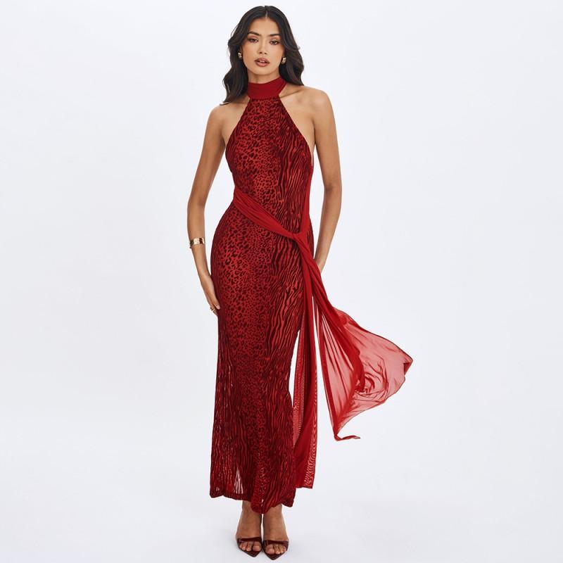 Womens Halter Backless Printed Maxi Dress Sexy Slim Fit Split With Ribbon Streetwear