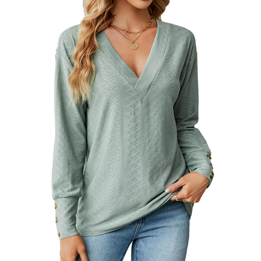 2024 Европейская и Американская осень/зима Новая однотонная свободная футболка с V-образным вырезом и пуговицами для женщин