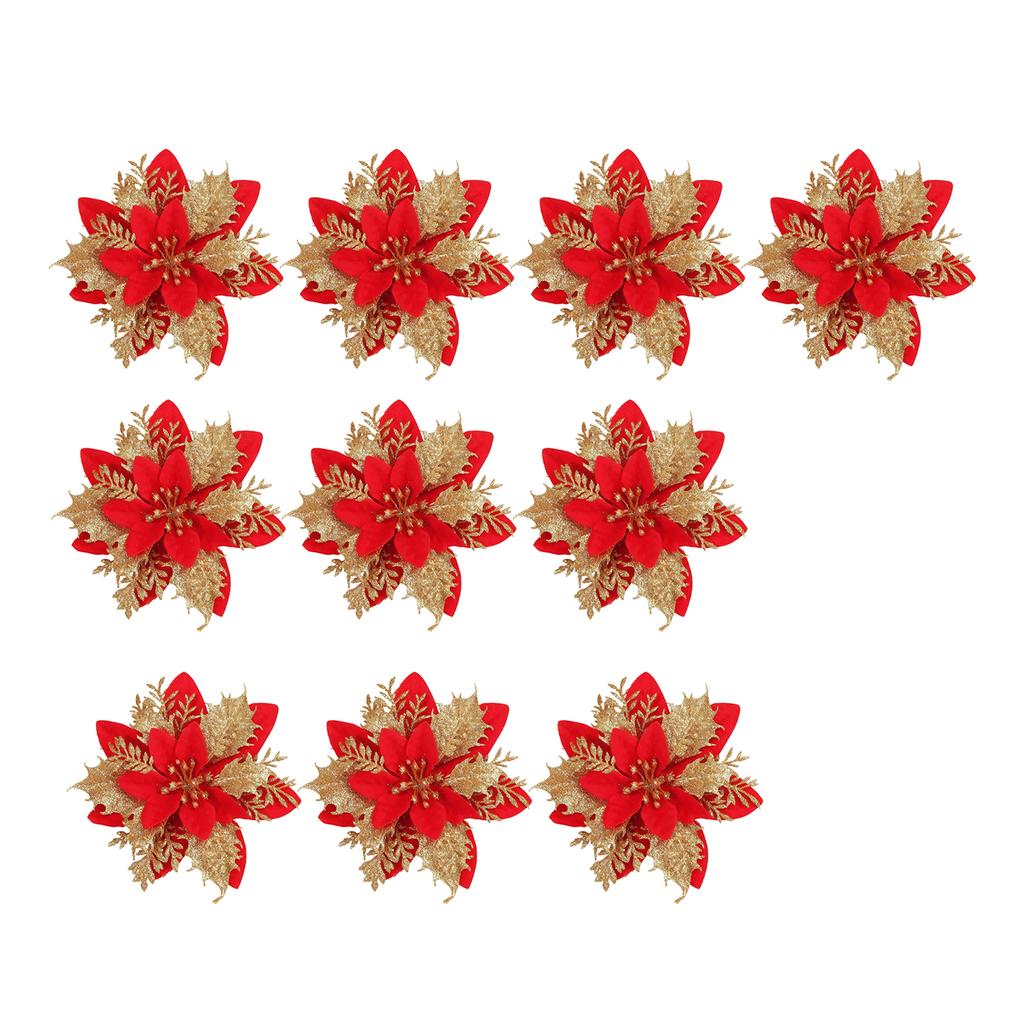 10pcs Glitter Poinsettia 5.5 Inch Artificial Flower Christmas Clip Stem Christmas Tree Ornaments For Wedding Party Wreath Decoration