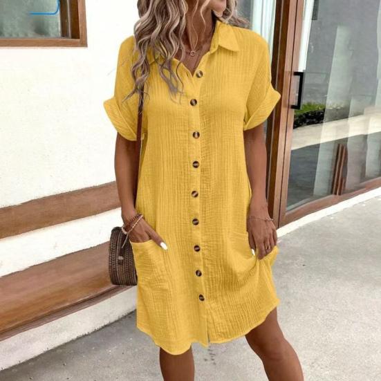 Женское хлопковое льняное платье, повседневное платье на пуговицах с V-образным вырезом и карманами, летний пляжный сарафан с коротким рукавом