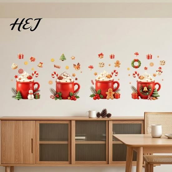 Christmas Kitchen Wall Decals 2Pcs Hot Drinks Stickers for Cabinets, Self-Adhesive Art Holiday Fridge Decorations Decor, Removable PVC Mug with