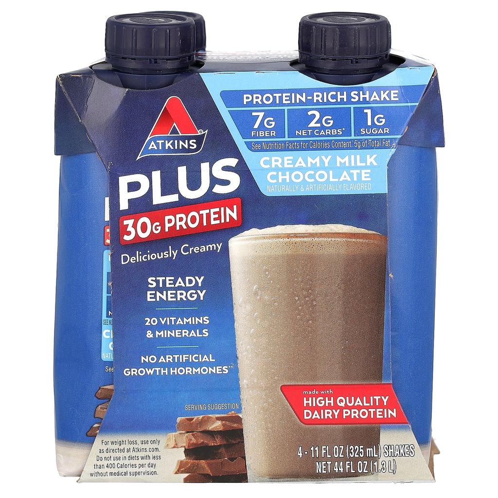 Atkins Plus Protein Rich Shake, Creamy Milk Chocolate, 4 Shakes, 11 Fl Oz (325 Ml) Each