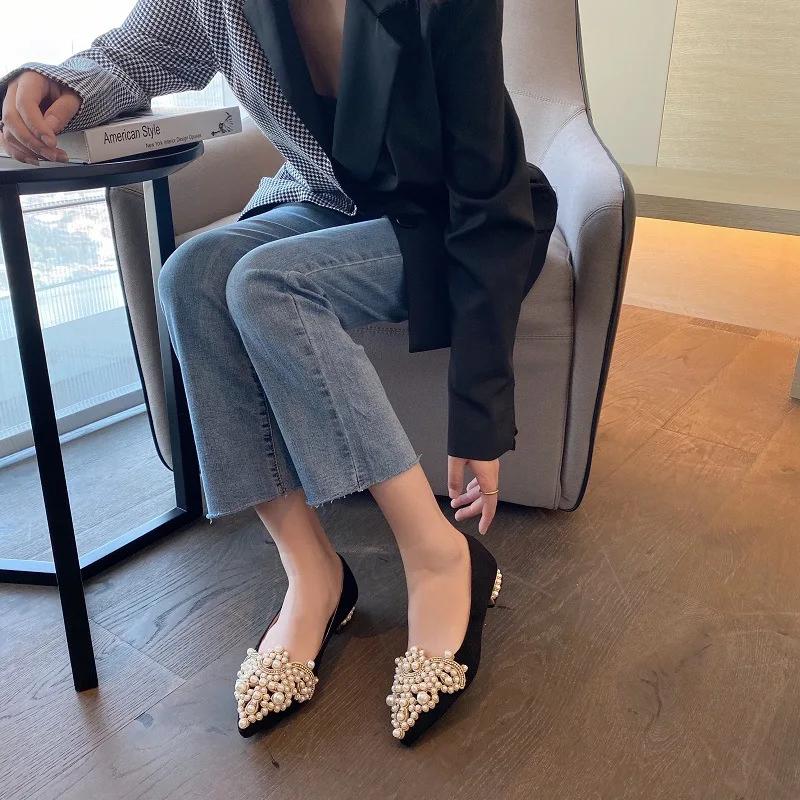 Новые тенденции 2024 года, балетки с жемчугом, женские туфли-лодочки, туфли без каблука, мокасины, женские, роскошные, осенние, из искусственной кожи