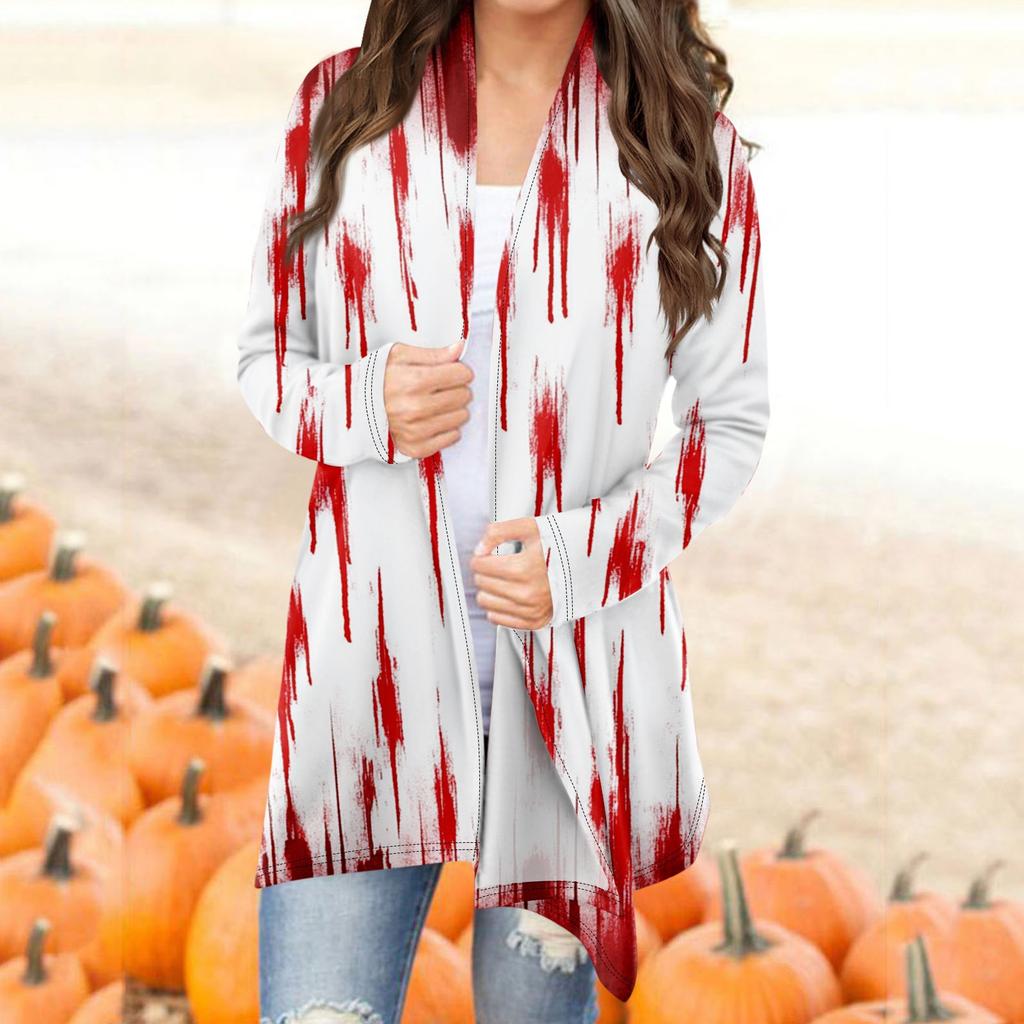 Женский модный повседневный кардиган средней длины с принтом на Хэллоуин, куртка, пальто