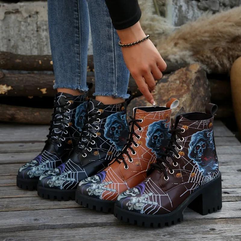 2024 High Quality Shoes Female Lace Up Women's Boots Autumn Round Toe Mixed Colors Short Barrel Chunky Heels Fashion Boots
