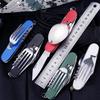 Portable Multifunctional Camping Cutlery Set: Folding Knife, Fork, Spoon, and Bottle Opener.