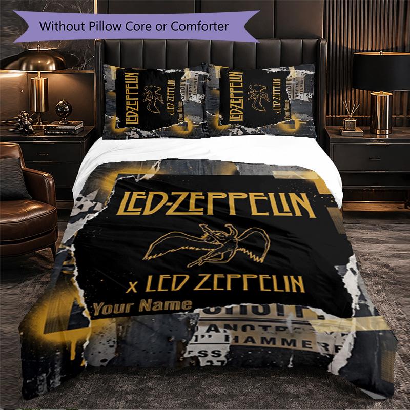 Led Zeppelin Customized Name Text Bedding Set, 1 Duvet Cover & 2 Pillowcases Personalized Bedroom Gift