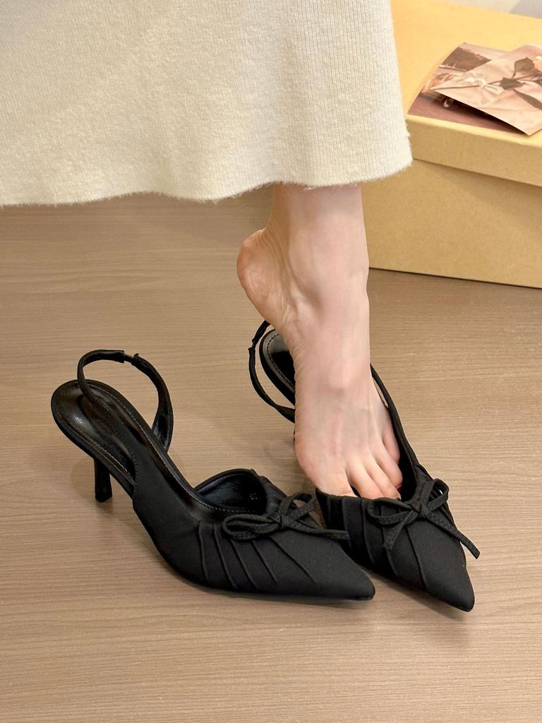 Fairy Wind Bow Pointed Wrinkled Sandals Female 2025 New Fashion Temperament with Skirt High Heels Single Shoes