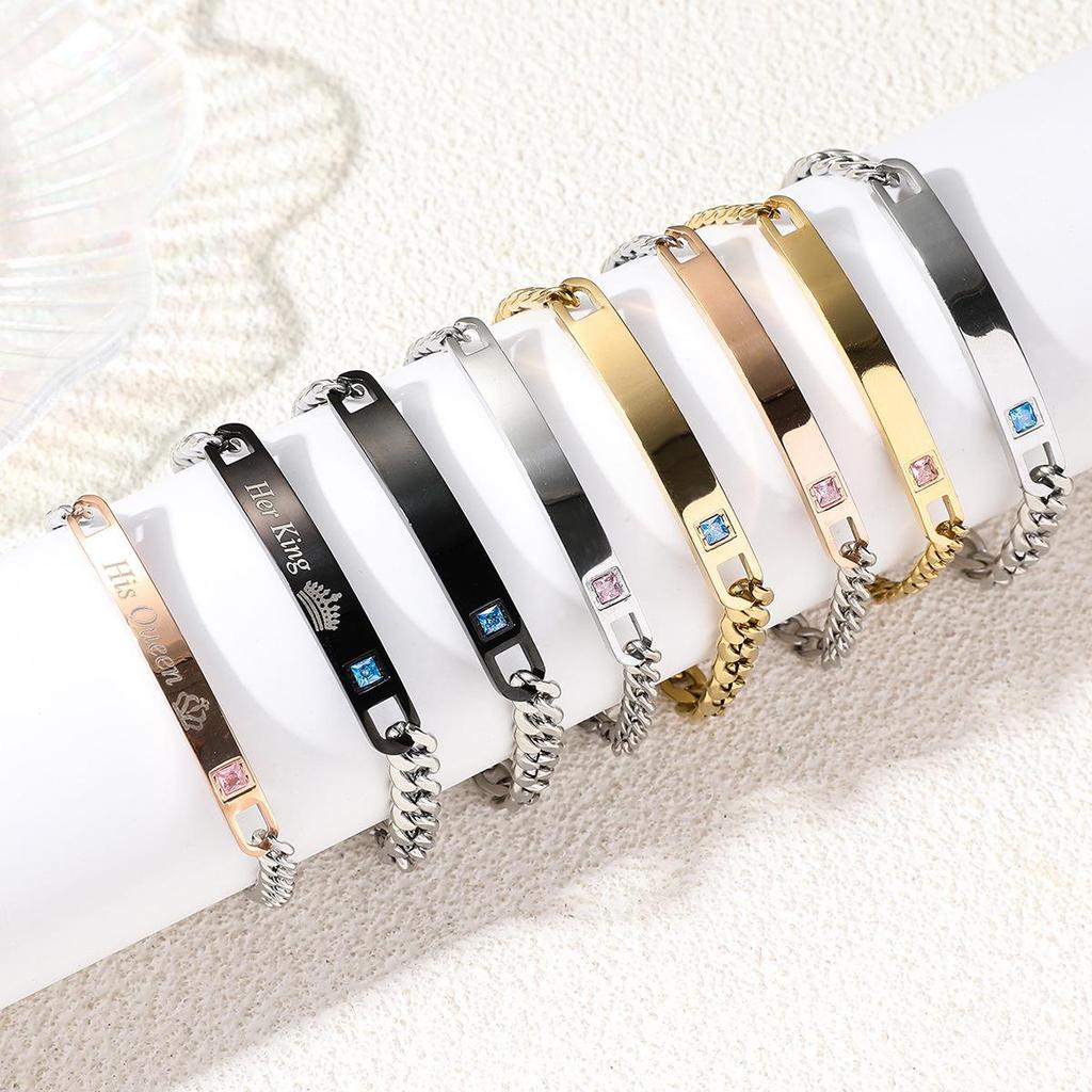 Браслет для пары из титановой стали с гравировкой, сердце с короной и цирконием - Подарок на День святого Валентина