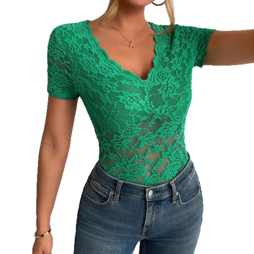 2025 Spring/Summer Women's Sexy Lace V-neck Short Sleeve Top