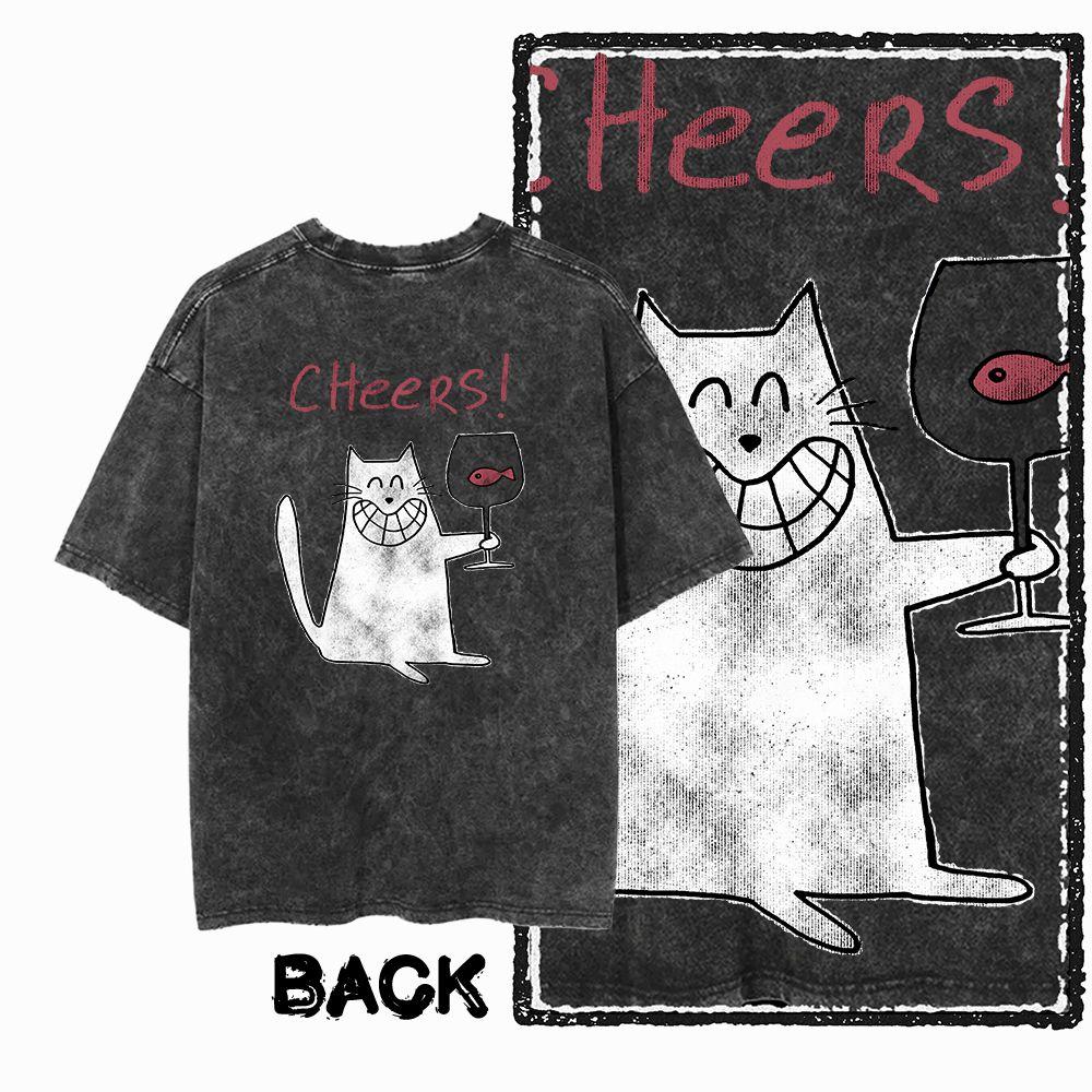 G Back Print Cool Vintage Cotton Mens Cat Printed Graphic Tshirt Acid Washed Streetwear Big Size Oneck mens Tee Tshirt