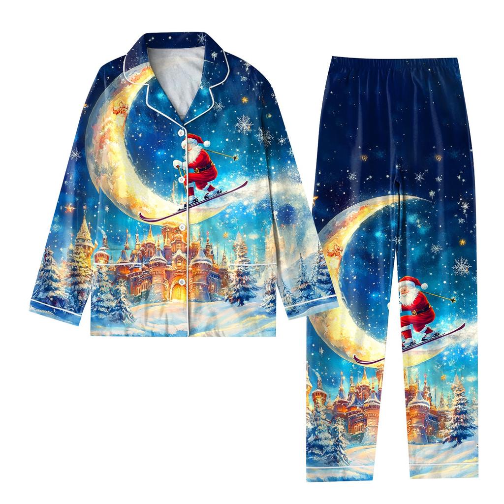 Детский рождественский костюм из 2 предметов с принтом, топ с длинными рукавами и застежкой на пуговицы, широкие брюки, комплект пижамы, домашний повседневный костюм