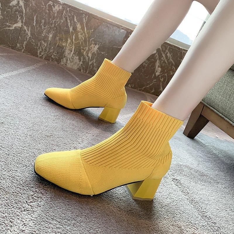 Women's Elastic Socks Boots Square Heel Solid Color Knitted Shoes Elastic Cotton Boots Women's Footwear