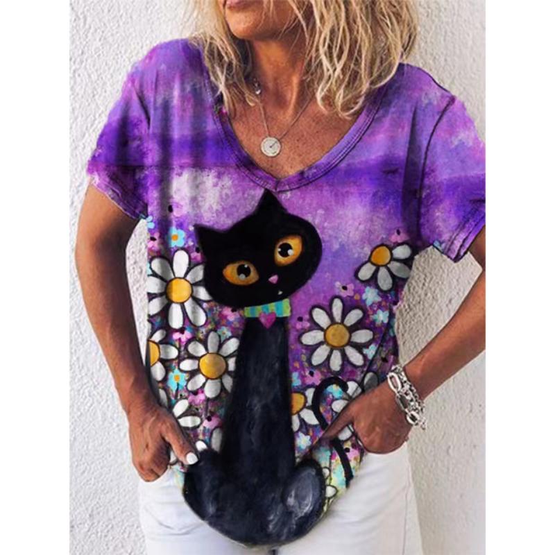 Винтажная женская футболка с принтом мультяшного котенка, рубашка с V-образным вырезом, одежда для девочек, толстовка с коротким рукавом в стиле Харадзюку, летняя свободная блузка