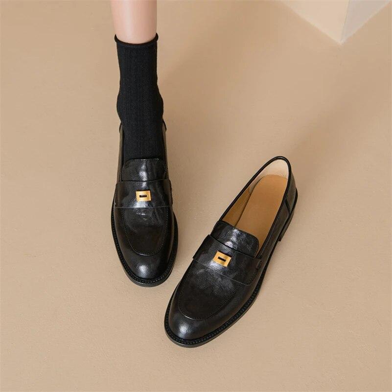 Meotina Женские лоферы из натуральной кожи, туфли-лодочки с круглым носком на толстом среднем каблуке с металлическими украшениями, женская модная обувь, весенне-осенний цвет коричневого цвета 40