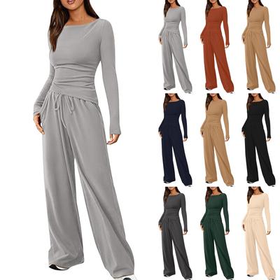 Женский модный однотонный повседневный комплект из двух предметов с длинным рукавом и широкими брюками