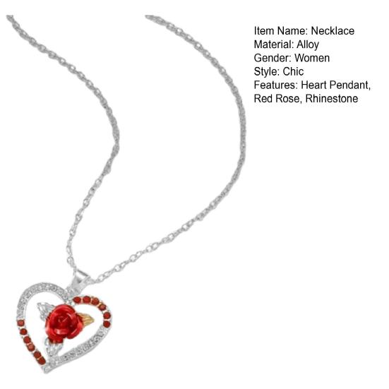 Women Necklace Rhinestone Heart Red Rose Pendant Contrast Color Polished Alloy Symbol of Passionate Love Neck