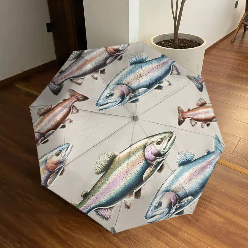 Rainbow Trout Fish Print Auto Open Close Umbrella, Portable Folding Design with 8-Bone Iron Frame, Outdoor Rain Gear for Fans, Travelers, Da