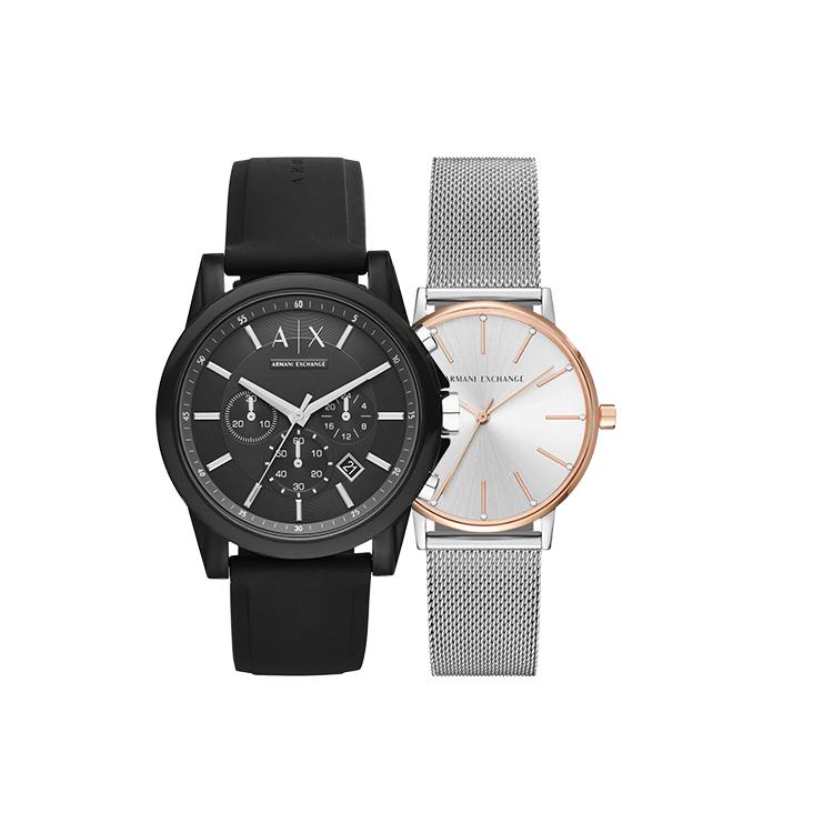 Armani Exchange Наручные часы Кварцевый механизм Силиконовый ремешок из нержавеющей стали Черный циферблат Унисекс AX5537-AX1326