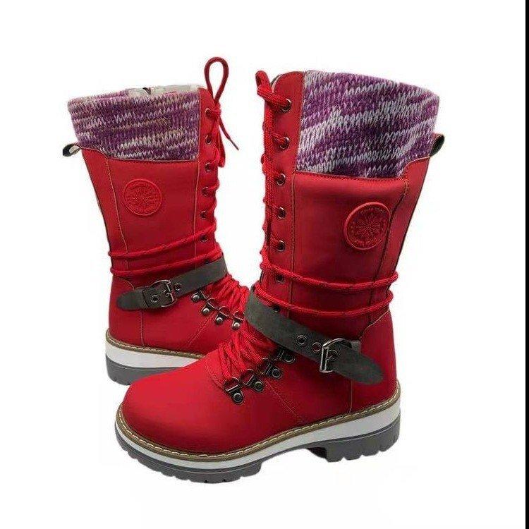 Independent Station Wish Autumn and Winter Foreign Trade Large Size Women's High-top Long Tube Belt Buckle Wool Mouth Lace Up Martin Boots Boots