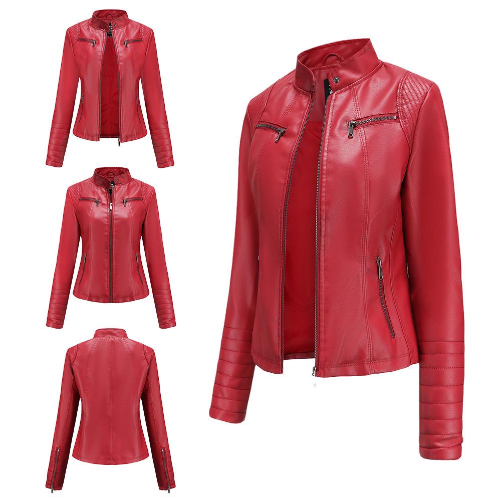 Women's European & American Spring/Autumn Leather Motorcycle Jacket - Stylish Short Design