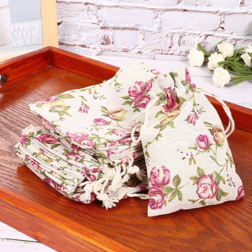 50PCs Burlap Bag Drawstring Flower‑Pattern Jewelry Packing Christmas Day Wedding Party