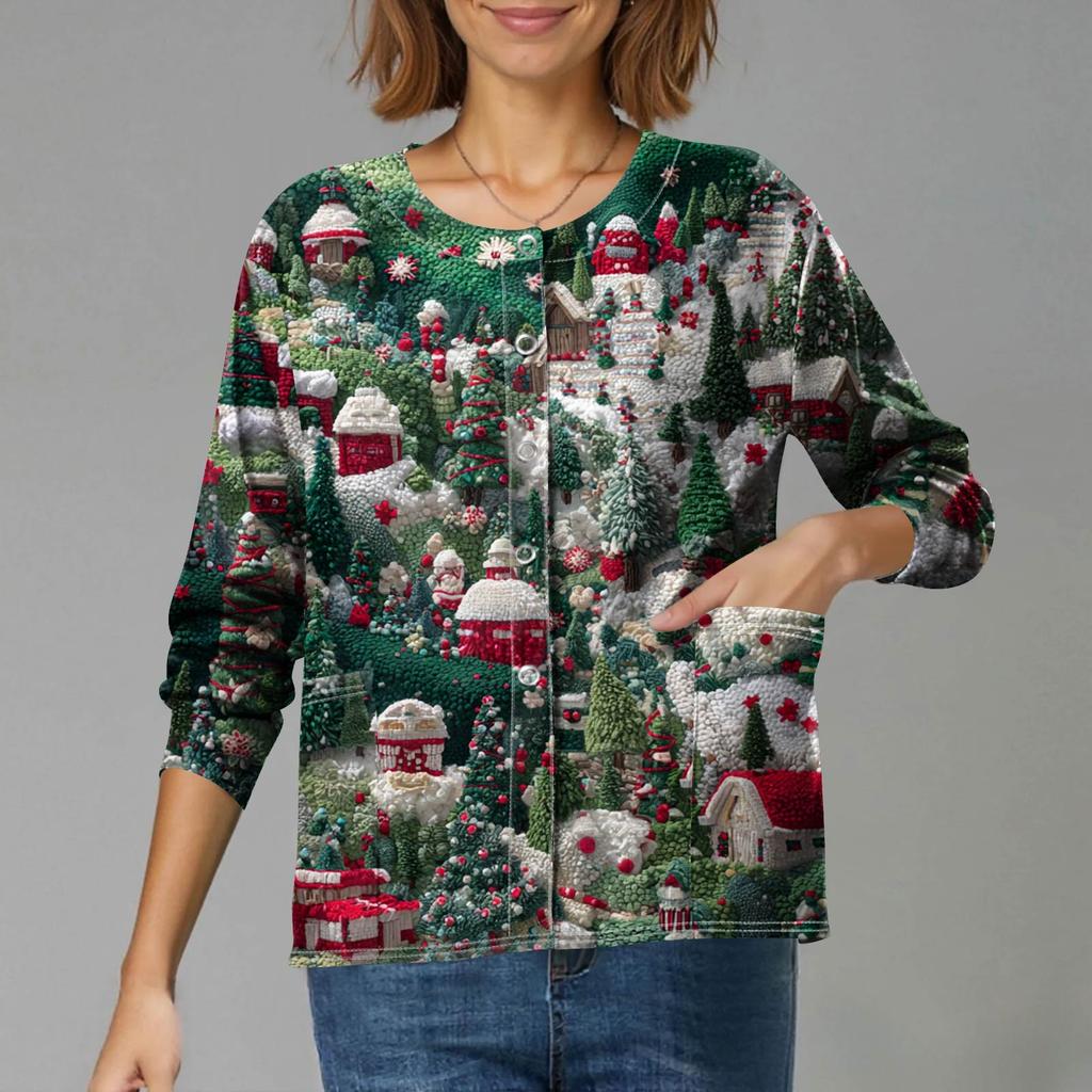 Women's Casual Long-Sleeved Single-Breasted Christmas-Themed Print Cardigan