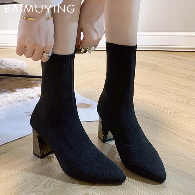 Массивные женские ботильоны-носки, вязаные с острым носком, высокие каблуки, туфли-лодочки 2025 года, дизайнерские туфли-лодочки, сексуальные зимние ботинки-лодочки