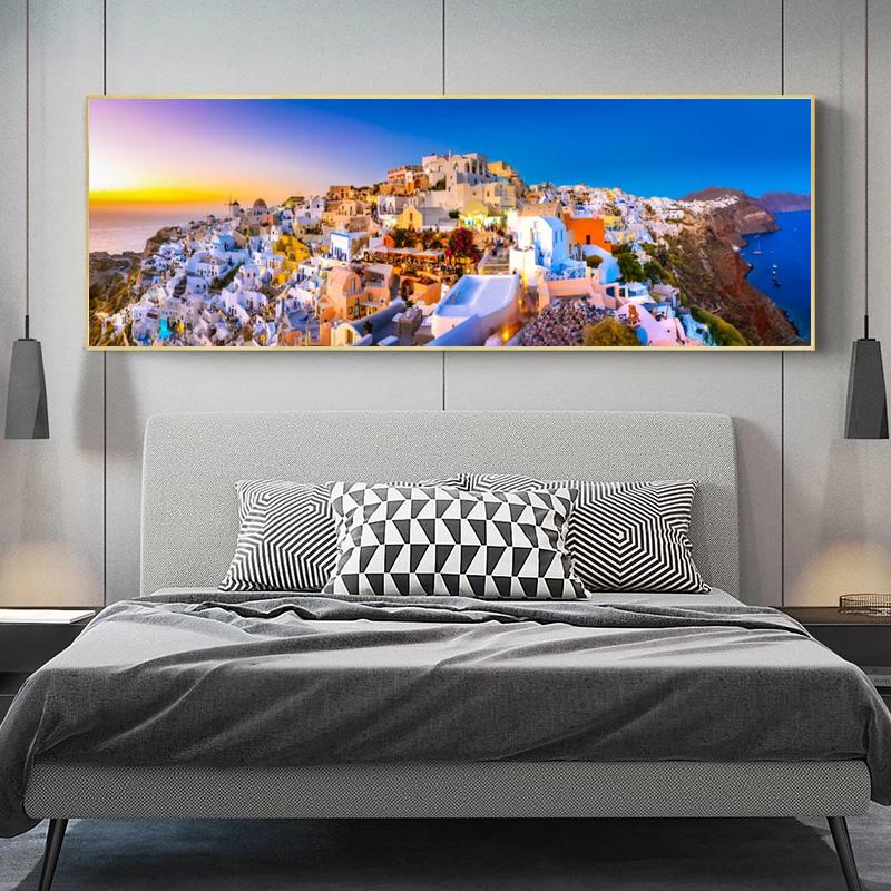 Greek Village Posters Santorini Landscape Painting Canvas Prints Wall Art Pictures for Living Room Sunset Sea Cuadro No Frame