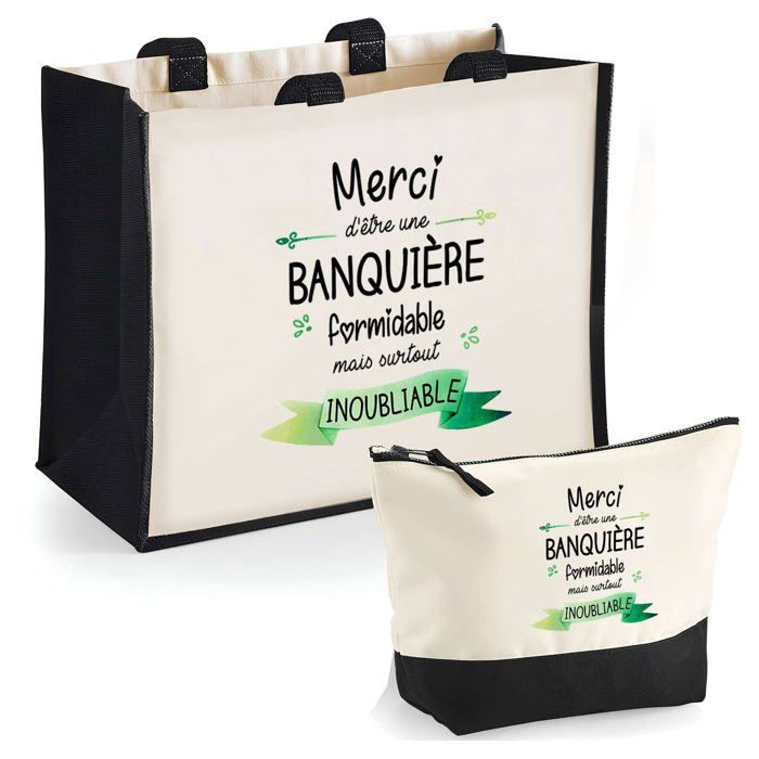 Coffret - PLANETEE - Duo cabas jute et trousse Merci Banquière Inoubliable - Jute & coton - Impression DTF HD - Fabrication France