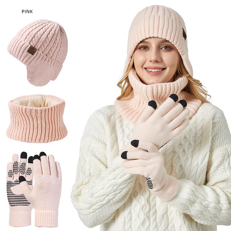 Women Knitted Beanies Cold Hat 3pcs Warm Winter Hat For Women Scarves Cap Scarf Gloves Hats Three Sets Outdoor Warmer Scarf Hat Touch Screen Gloves