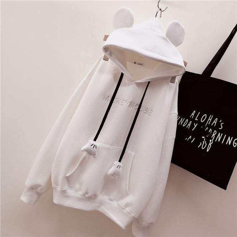 Autumn Winter Girls Hoodies Cute Bear Ears Printing Letter Long Sleeve Sweatshirt Children Fleece Thick Pullover Tops