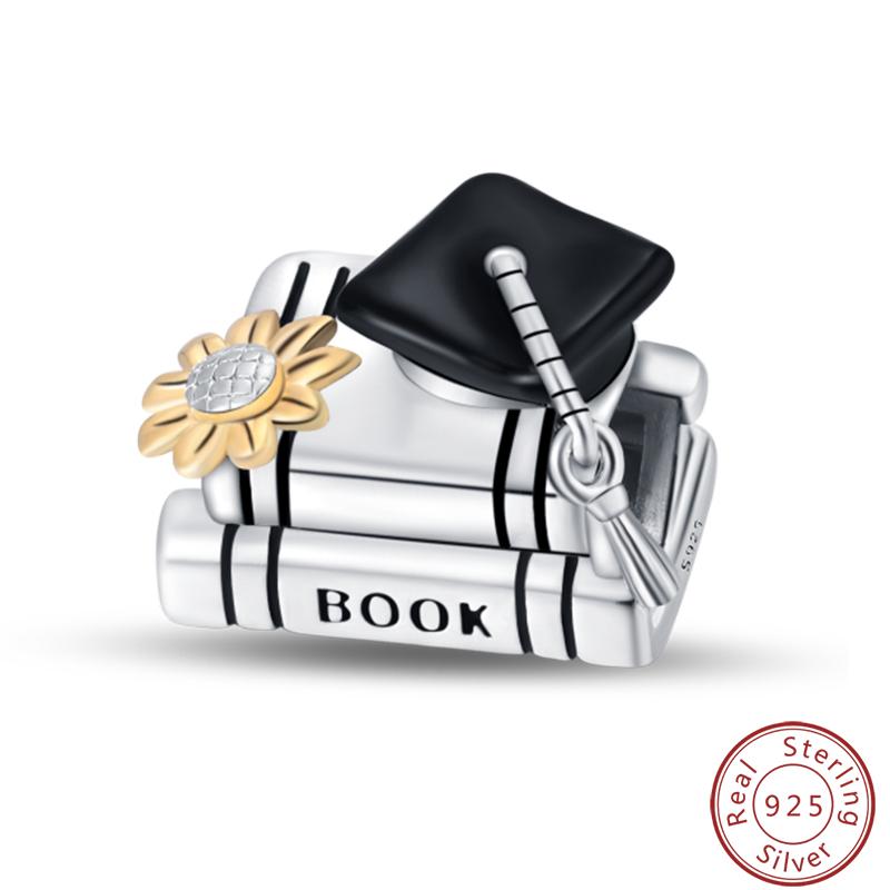 Выпускной Серия 925 Чистого Серебра Шляпа Бакалавра Сертификат Цветы Шармы Бусины Подходит Pandora Оригинальные Браслеты DIY Ювелирные Изделия