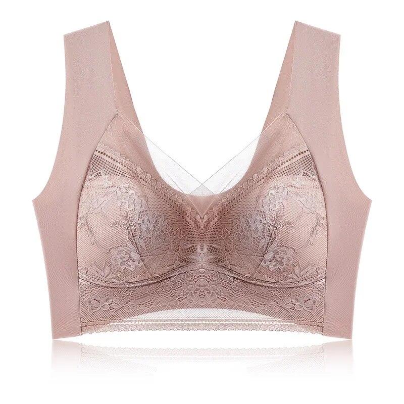 Sexy Lace Bras for Women Perspective Full Cup Solid Color Brassiere V-Neck Seamless Crop Top Female Push Up Breathable Lingerie