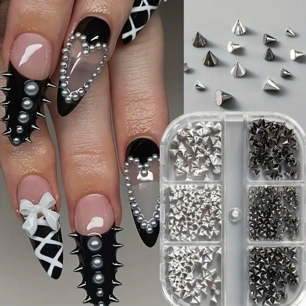 3D Metallic Finish Nail Art Studs 6 Grids Multi-Size Rivet Nail Decorations Punk Style Nail Art