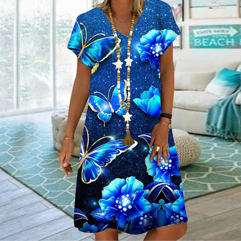 Летнее модное платье с v-образным вырезом, женское платье с коротким рукавом и принтом бабочки и луны, свободное повседневное платье для женщин