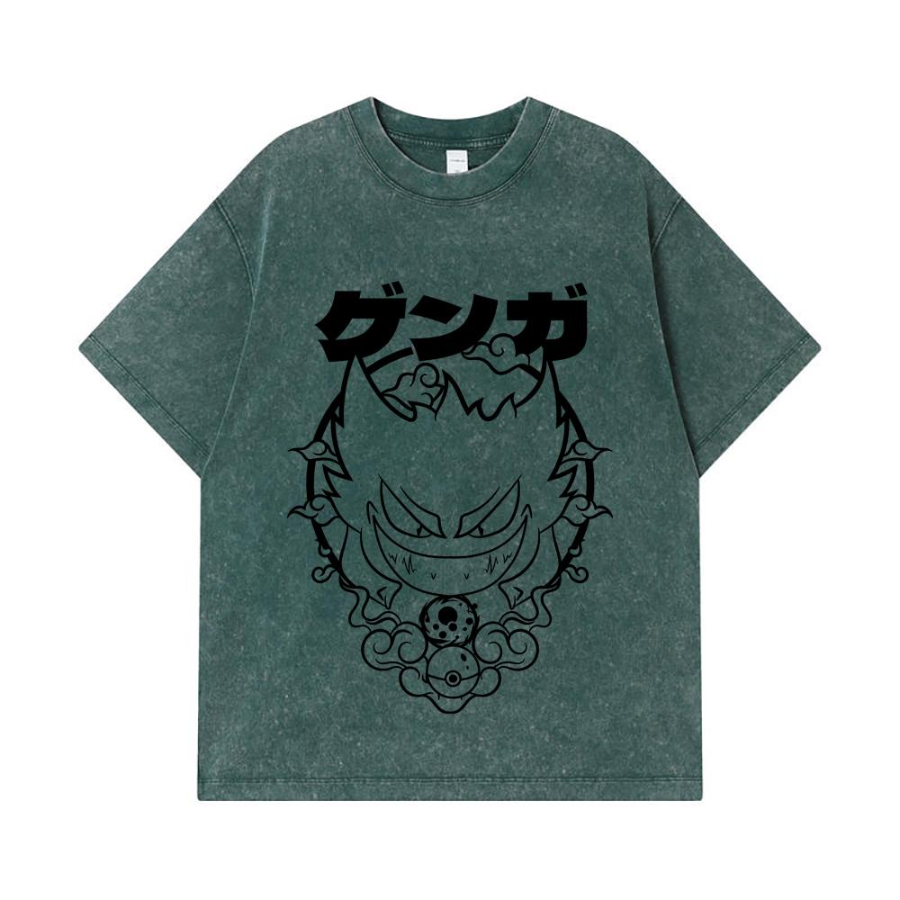 275 GSM Washed T-shirts 100% Cotton Pokemon V10 Gengar Print Unisex Heavy Cotton T Shirt