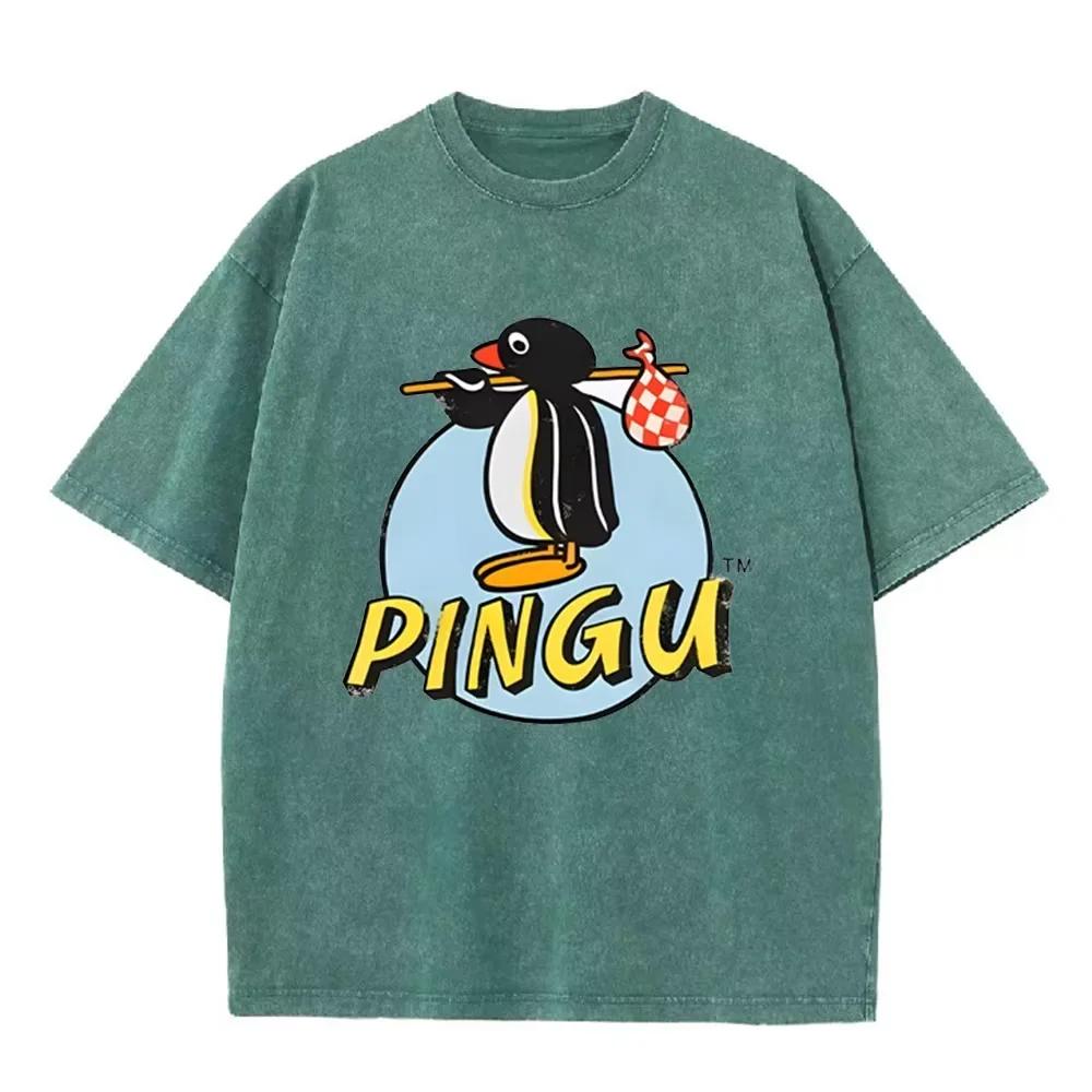 Vintage Washed Black Pingu Print Casual Retro Cartoon T Shirt