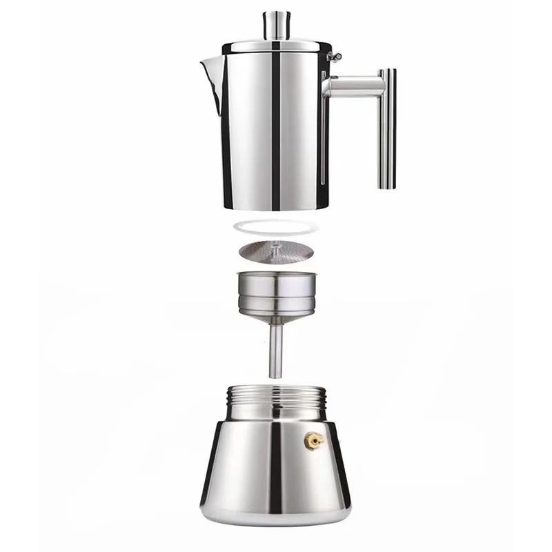 Stainless Steel Thickening Moka Pot Espresso Maker Household Coffee Pot 6 Cups for Stovetop Induction Gas or Electric Stoves