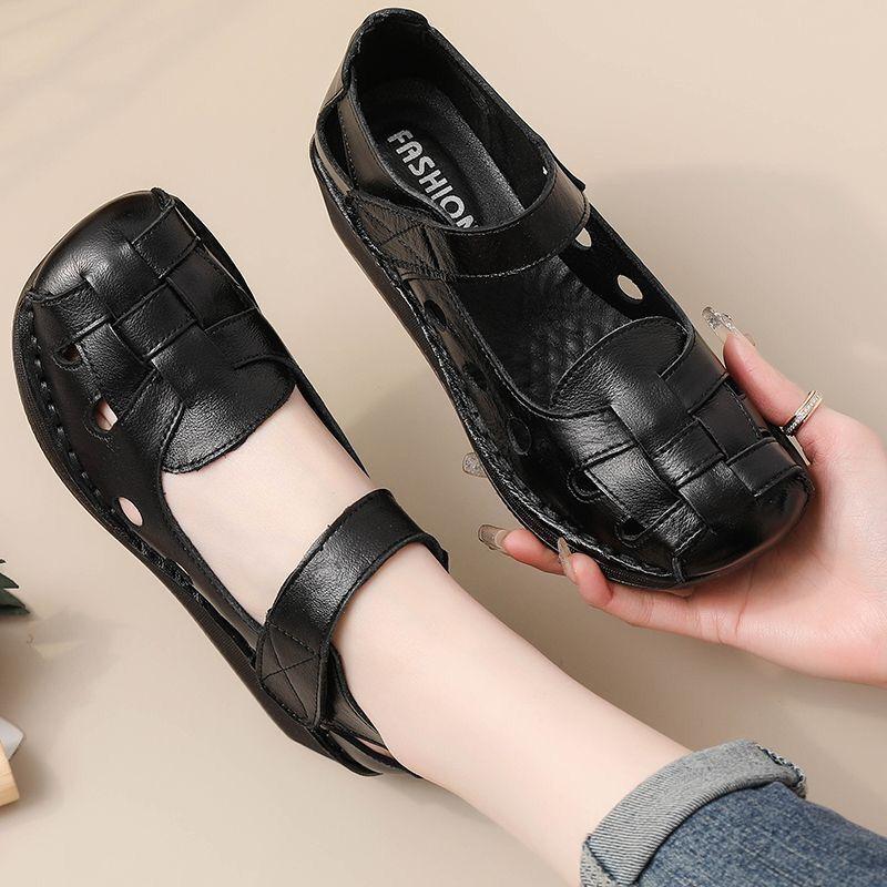 Women Wide Toe Orthopedic Sandals Cutout Genuine Leather Gladiator Block Low Heels Mary Jane Comfortable