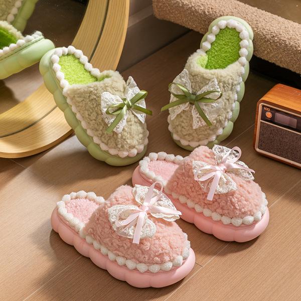 Bow cotton slippers women's winter velvet warm non-slip confinement shoes indoor home thick-soled plush slippers