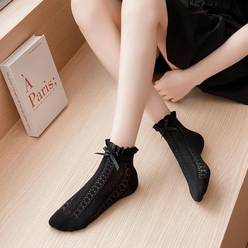 Lace Ruffle Socks Women Cute Bow Sweet Girl Lolita Kawaii Princess Socks Hollow Out Mesh Thin Breathable Black White Short Socks