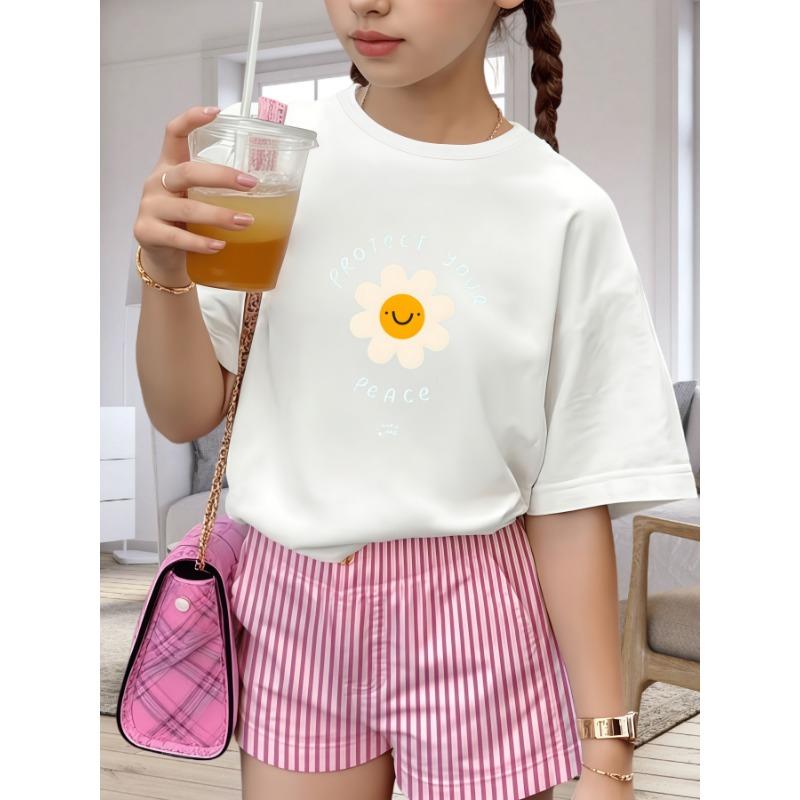 Protect Your Peace Smiley Daisy Circle Letter Print Kids T-shirt Soft Cotton O-Neck Short Sleeve Unisex Boys Girls Summer Casual