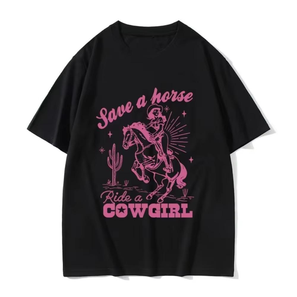 Save A Horse Ride A Cowgirl Print T Shirt Men Women Retro Aesthetic Fashion T-shirts Casual Oversized T-shirt Streetwear