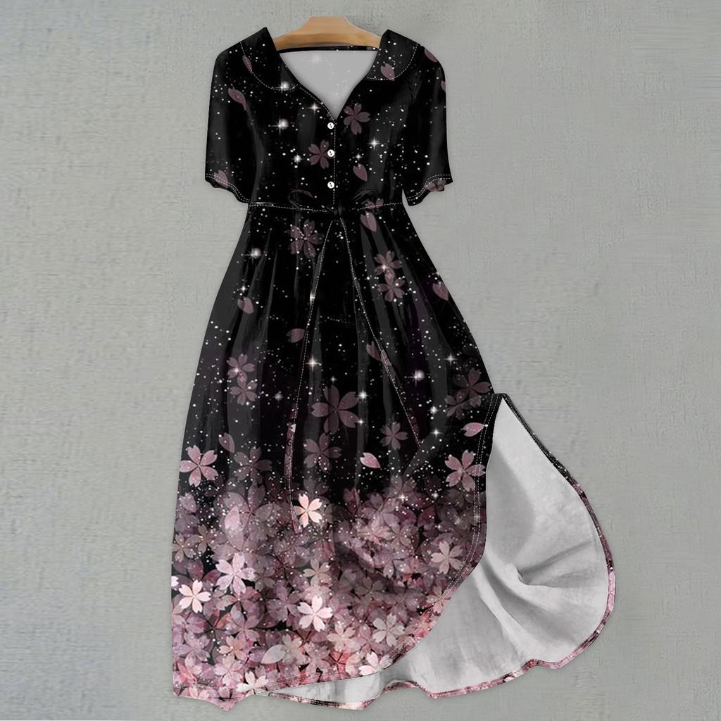 Женская мода повседневное платье с воротником с лацканами и короткими рукавами с принтом и ремнями