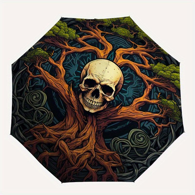 Skull Tree of Life Wall Art DecorUmbrella, Portable 3-Fold Compact Umbrella for Men & Women Gift
