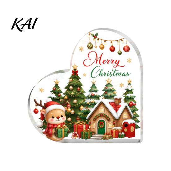 Santa Claus Desktop Ornaments Heart Shaped Acrylic Christmas Tabletop Sign, 2D Winter Snow Scene Ornament Festive Fireplace Display with Santa,