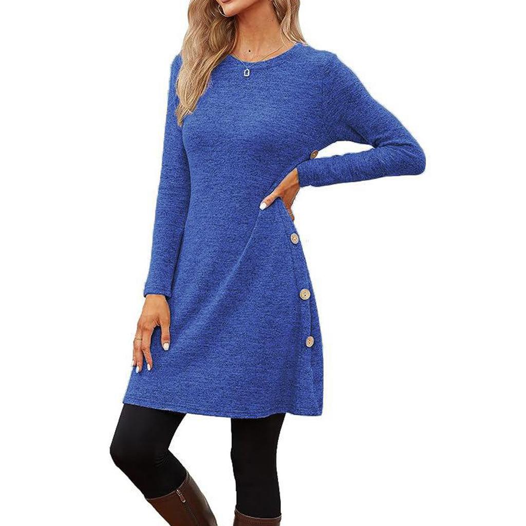 Женское повседневное платье с круглым вырезом, разрезом по подолу и длинными рукавами