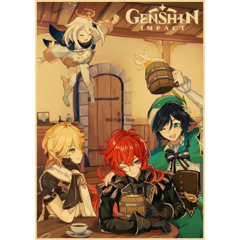 Genshin Impact постеры с героями мультфильмов, принты на крафт-бумаге, домашний декор для комнаты, кабинет, спальня, бар, кафе, настенные картины, наклейки на стену